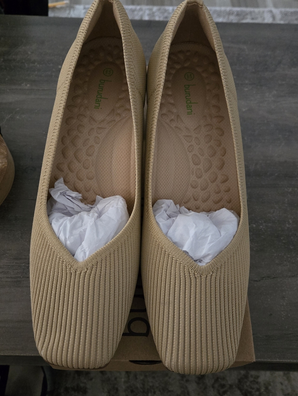 Tan Knit Block Heel Pumps